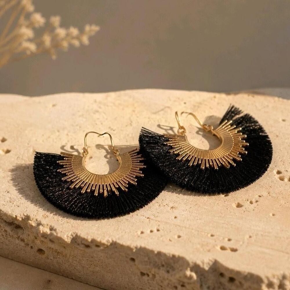 Black Tassel Gold Sunburst Design Pierced Earrings